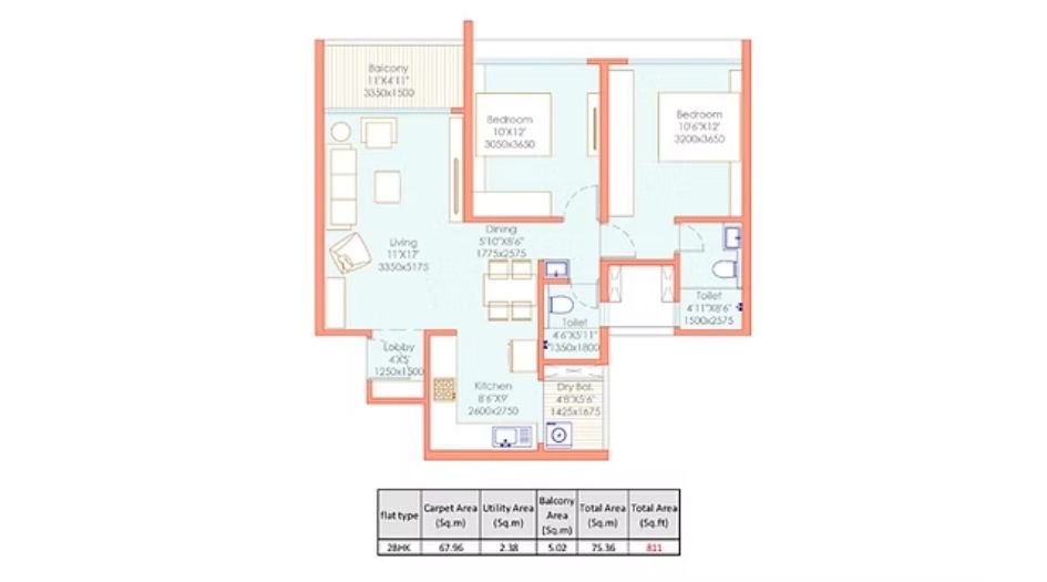 Pristine-O2-World-Floor-Plan-2 BHK-811 Sqft